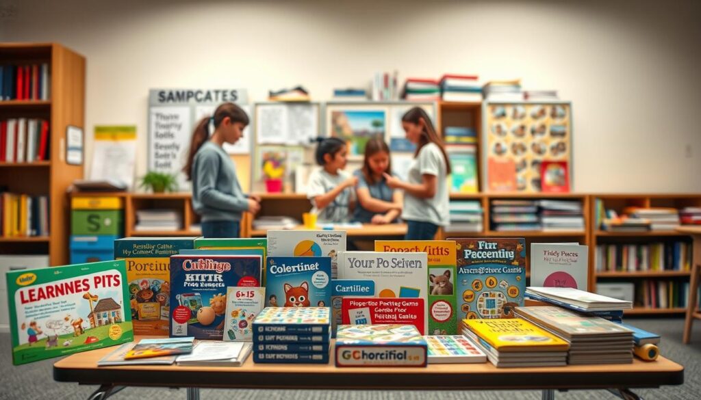 A classroom scene showcasing engaging supplementary materials for three different education levels: in the foreground, a colorful set of K-5 learning tools including picture books, flashcards, and educational games neatly arranged on a small table; in the middle, a display highlighting interactive activities for 6-8 students, such as science project kits and art supplies, featuring students in modest casual clothing collaborating; in the background, a shelf filled with advanced textbooks and study aids for 9-12 students, with soft lighting illuminating the scene to create an inviting atmosphere. The angle should be slightly from above, capturing the vibrancy and organization of the materials, reflecting an academic and stimulating environment.