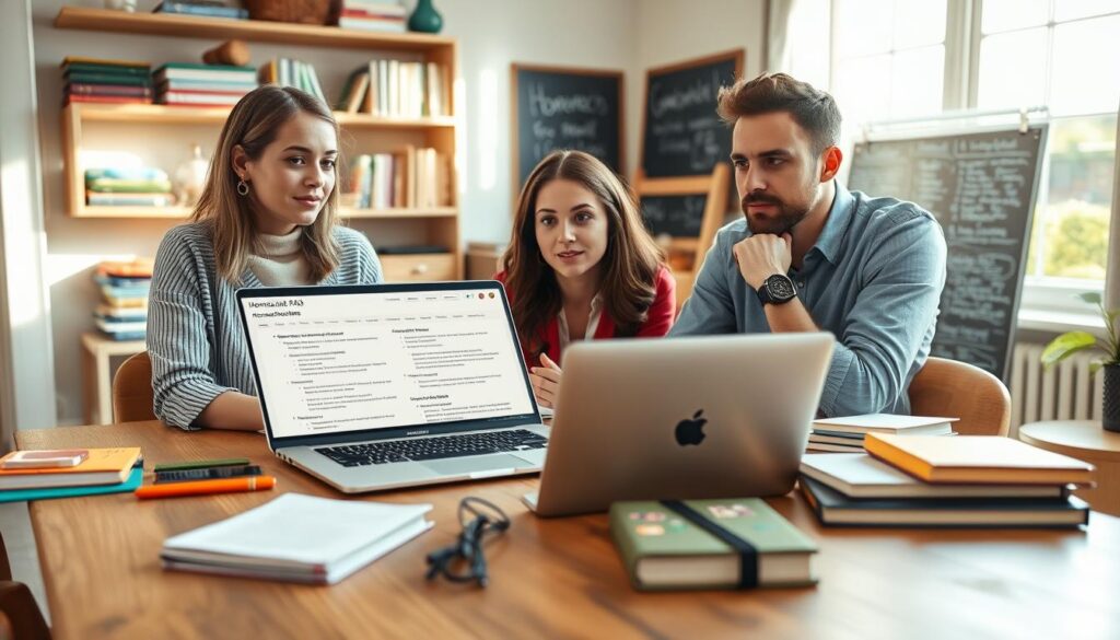 A cozy, well-lit home environment featuring a stylish wooden table adorned with various homeschooling materials, like books, notebooks, and educational resources. In the foreground, a mother and father, both dressed in professional casual attire, are engaged in a thoughtful discussion about homeschooling regulations, their expressions reflecting concentration and curiosity. In the middle, a laptop is open displaying a webpage with tabled FAQs. The background shows a shelf filled with educational resources, and a chalkboard with outlined homeschooling guidelines. The scene is warmed by soft natural light streaming through a nearby window, creating an inviting, focused atmosphere that invites viewers to learn more. The camera is positioned at eye level, capturing the intimate yet informative essence of the moment.
