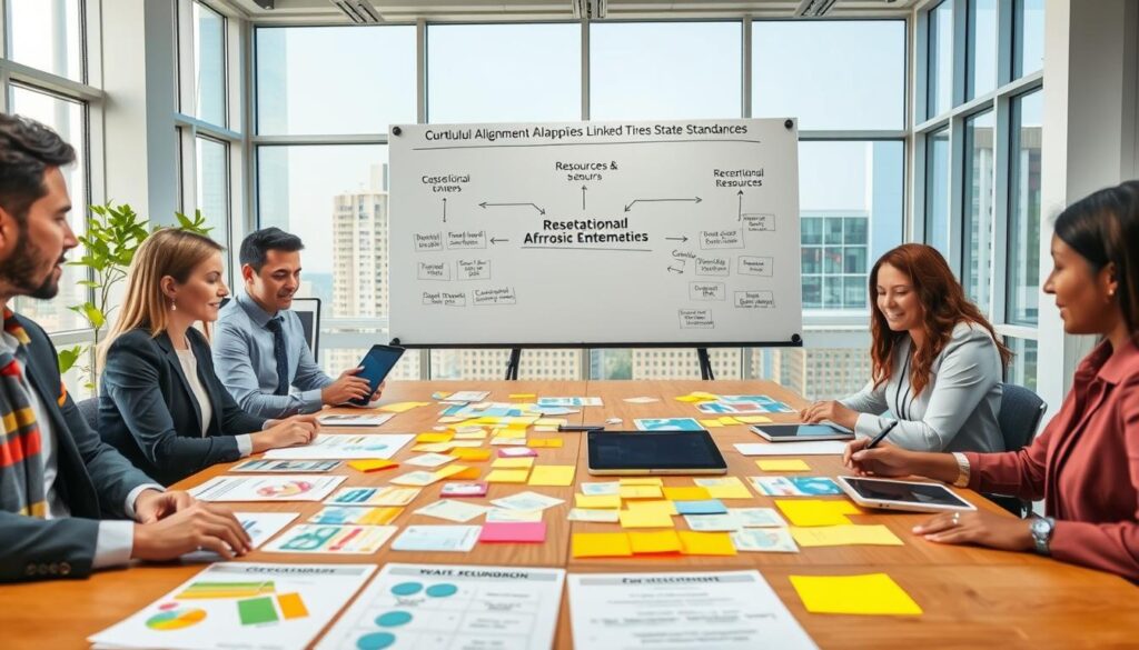 A detailed curriculum alignment mapping process depicted in a visually engaging scene. In the foreground, a diverse group of professionals in business attire collaborate around a large table filled with colorful charts, sticky notes, and digital devices showcasing educational resources linked to state standards. In the middle ground, a large whiteboard displays a flowchart illustrating the mapping process with arrows connecting educational goals to resources. The background features a bright, modern office environment with large windows allowing natural light, creating a productive atmosphere. Use a warm color palette to evoke motivation and focus. The angle should be slightly elevated, capturing the collaborative energy and enthusiasm of the team as they work together.
