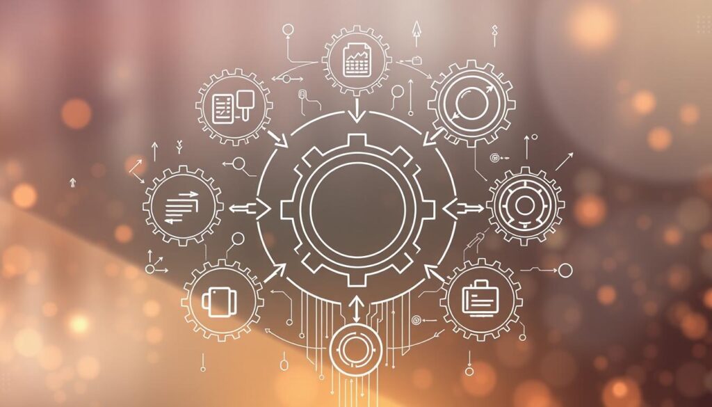 A detailed educational technology feedback loop diagram, illustrating the process of continuous improvement in curriculum mapping tools. In the foreground, display interconnected gear-like icons representing planning, assessment, analysis, and revision phases. In the middle, include a central circular motif symbolizing the feedback loop, with arrows indicating flow and progression. The background should feature soft gradient colors to convey a sense of innovation and growth, with subtle digital elements like circuit patterns to enhance the educational technology theme. Soft, diffused lighting should illuminate the diagram, creating a clean and professional atmosphere. The overall mood should be collaborative and forward-thinking, capturing the essence of continuous improvement in educational practices.