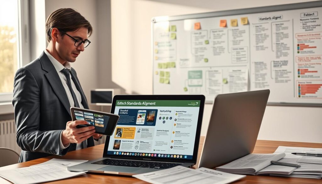 A modern, professional workspace depicting edtech standards alignment evaluation. In the foreground, a focused educator, dressed in smart business attire, intently analyzing various digital educational resources displayed on a tablet. In the middle ground, an open laptop shows a colorful infographic highlighting key evaluation criteria, surrounded by printed documents with charts and bullet points. The background features a large whiteboard filled with diagrams and sticky notes, illustrating the standards alignment process. Soft, natural light filters through a window, casting a warm glow over the scene. The atmosphere is collaborative and purposeful, reflecting the importance of vetting digital content in education. The overall composition should maintain a clear and organized look, capturing a moment of thoughtful consideration and analysis.