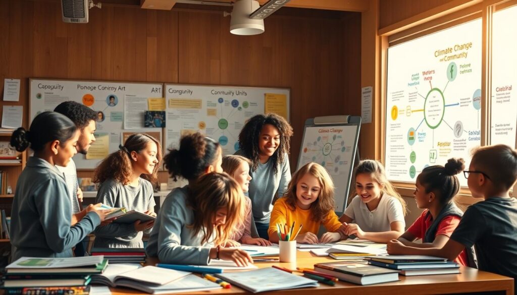 A vibrant and engaging classroom scene illustrating interdisciplinary thematic units in education. In the foreground, a diverse group of students of various ethnicities engages in a collaborative project, surrounded by educational materials like books, art supplies, and digital devices. In the middle ground, a teacher is guiding a group discussion, embodying an inclusive and dynamic learning atmosphere. The background features a large whiteboard covered with colorful diagrams connecting different subjects such as science, art, and history, showcasing themes like ‘Climate Change and Community’. The lighting is warm and inviting, simulating late afternoon sunlight streaming through large windows, creating a cheerful and inspiring mood that emphasizes creativity and collaboration. The image captures the essence of integrated learning without any text or distractions.