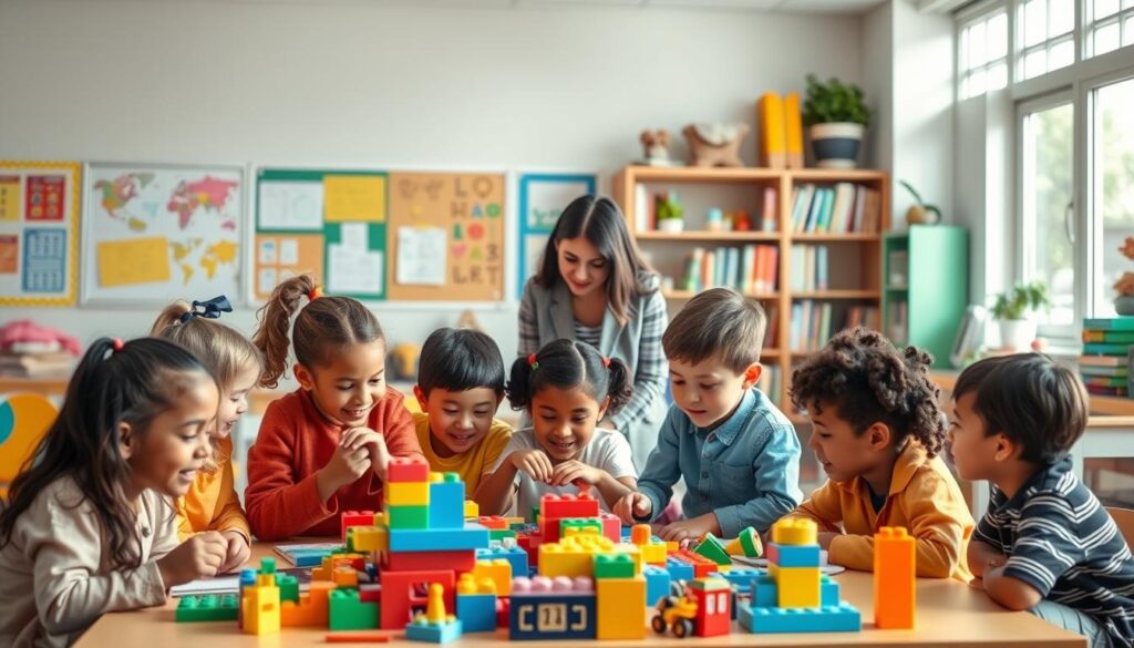A vibrant classroom scene depicting a diverse group of children engaged in interactive learning activities. In the foreground, a mix of students—representing various ethnicities—are collaborating on a colorful educational project using building blocks and educational games. In the middle ground, a teacher, dressed in professional attire, facilitates discussions and encourages creativity, highlighting the balance between playful engagement and focused learning. The background features a bright, well-organized classroom filled with charts, posters, and a cozy reading corner that invites exploration. Soft, natural lighting floods the room through large windows, creating an inviting atmosphere. The overall mood is cheerful and inspiring, emphasizing the theme of balancing fun with academic rigor.