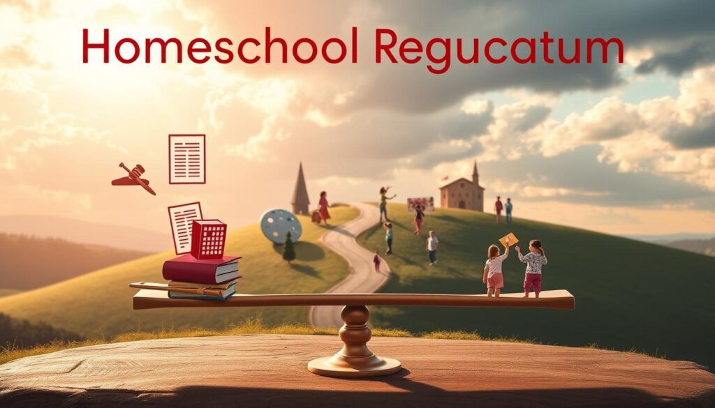A visually striking illustration of the "homeschool regulations spectrum." In the foreground, a balanced scale featuring contrasting symbols of strict regulations on one side (a gavel, books, and a checklist) and a spectrum of freedom on the other (an artistic palette, open books, and creative tools). The middle section shows a winding path that symbolizes the journey of homeschooling, with landmarks representing various regulatory states—lightly shaded bureaucratic buildings, inspiring home classrooms, and diverse children engaging in different learning activities. The background is a serene landscape depicting a cloudy sky transitioning to bright sunshine, emphasizing the hope and potential of homeschooling. Soft, natural lighting enhances the warm atmosphere, with a wide-angle view that draws the eye from the scale through the path to the horizon, creating a sense of exploration and growth.