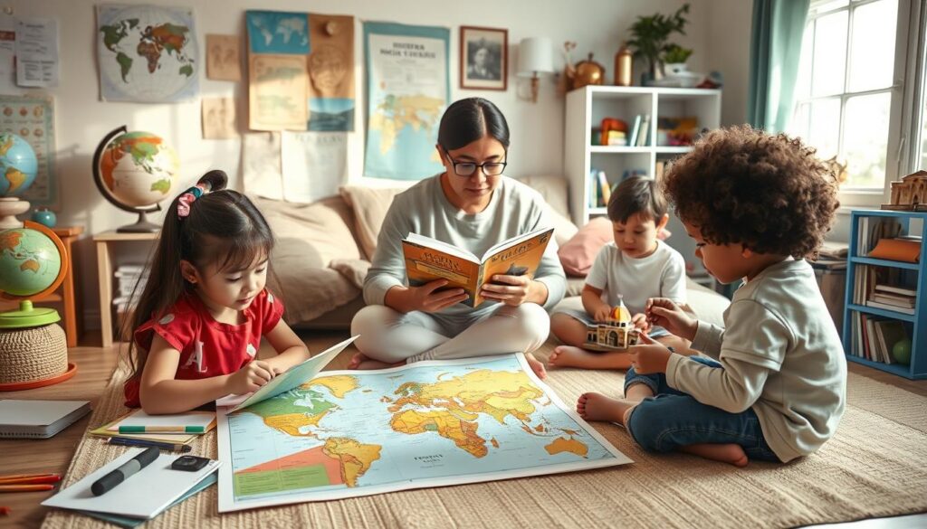 A warm and inviting home study scene depicting a diverse group of children engaged in social studies activities. In the foreground, a young girl and boy are working together on a colorful map, with notebooks and art supplies scattered around them. In the middle ground, a parent is reading aloud from a history book while another child builds a model of a historical landmark. The background shows a cozy room filled with educational materials like globes, charts, and a bookshelf with various cultural artifacts. Soft, natural light illuminates the space through a window, creating a nurturing and harmonious atmosphere. The image captures the essence of collaboration in home-based education, with a focus on learning and exploration in social studies.