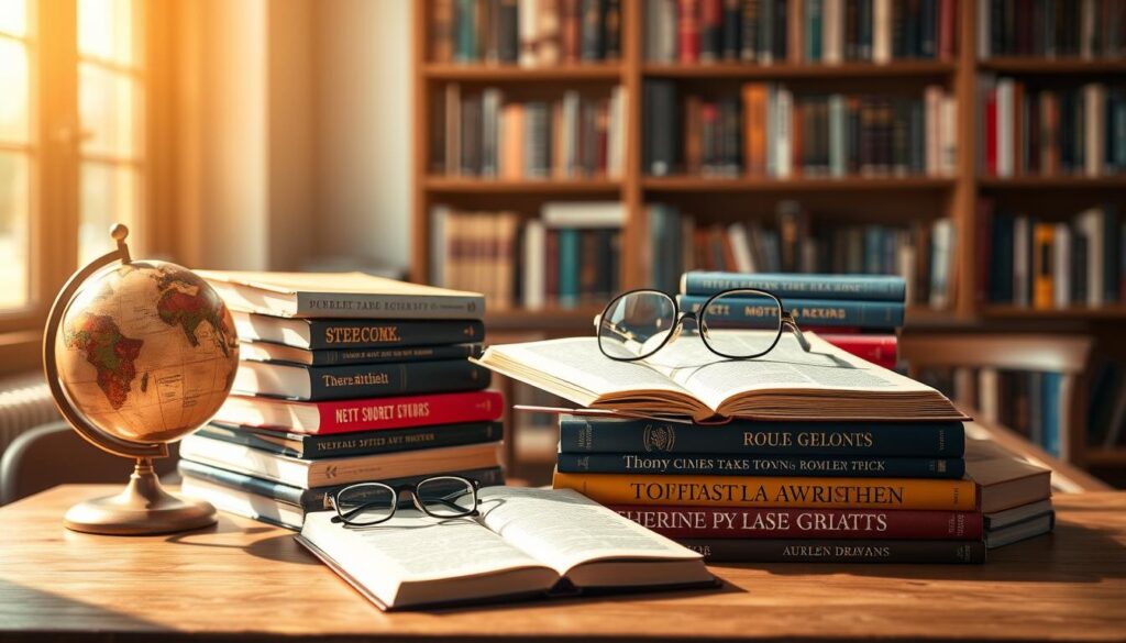 A beautifully arranged high school reading book list for advanced readers, displayed on a wooden desk in a warm, inviting classroom atmosphere. In the foreground, a stack of diverse classic and contemporary novels, their covers featuring rich colors and intricate designs, are neatly piled beside a vintage globe and stylish reading glasses. In the middle, an open notebook with handwritten notes captures the essence of thoughtful engagement with literature. The background features a bookshelf filled with more books, softly blurred to keep the focus on the foreground elements. The lighting is warm and natural, streaming in from a large window, creating a cozy and intellectual mood. The entire scene evokes a sense of inspiration and motivation for reading and learning.