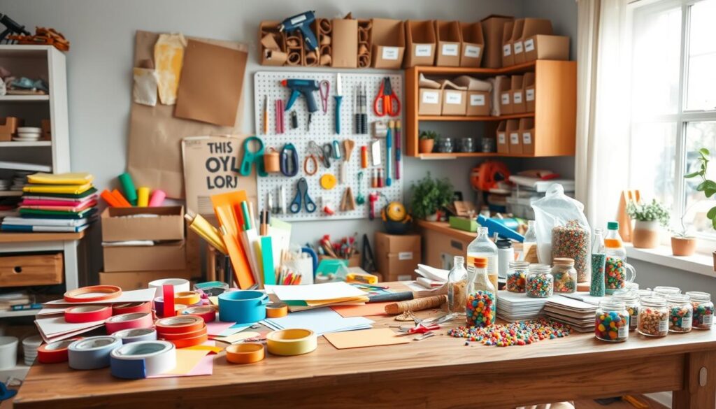 A bright, inviting home makerspace filled with various low-cost supplies. In the foreground, a sturdy wooden table is cluttered with colorful craft materials: rolls of duct tape, sheets of cardstock, stacks of foam board, and jars of assorted beads. In the middle, there's a pegboard displaying essential tools like scissors, glue guns, and measuring tape, creating an organized yet creative feel. The background showcases shelves filled with labeled containers, housing recyclable items like cardboard tubes and plastic bottles, emphasizing sustainability. Soft natural light streams through a nearby window, creating a warm and inspiring atmosphere. The scene captures an engaging, hands-on learning environment, encouraging creativity and exploration. A bright, inviting home makerspace filled with various low-cost supplies. In the foreground, a sturdy wooden table is cluttered with colorful craft materials: rolls of duct tape, sheets of cardstock, stacks of foam board, and jars of assorted beads. In the middle, there's a pegboard displaying essential tools like scissors, glue guns, and measuring tape, creating an organized yet creative feel. The background showcases shelves filled with labeled containers, housing recyclable items like cardboard tubes and plastic bottles, emphasizing sustainability. Soft natural light streams through a nearby window, creating a warm and inspiring atmosphere. The scene captures an engaging, hands-on learning environment, encouraging creativity and exploration.