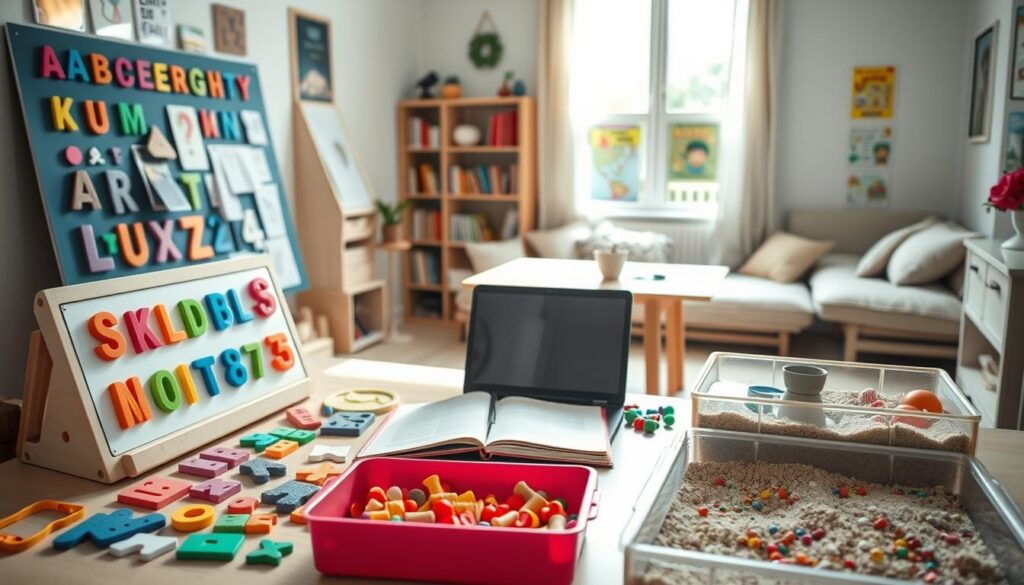 A bright, well-organized home education space filled with various multisensory instruction tools. In the foreground, a colorful, interactive learning board displaying letters and numbers, alongside tactile learning materials like textured flashcards and sensory bins filled with sand and small toys. The middle ground features a table with an open notebook and a laptop, reflecting a DIY curriculum plan. In the background, a cozy reading nook with bookshelves, soft cushions, and educational posters on the walls. The lighting is soft and natural, streaming in through a window, creating an inviting atmosphere. The overall mood is focused yet playful, showcasing a nurturing environment for special needs education. A bright, well-organized home education space filled with various multisensory instruction tools. In the foreground, a colorful, interactive learning board displaying letters and numbers, alongside tactile learning materials like textured flashcards and sensory bins filled with sand and small toys. The middle ground features a table with an open notebook and a laptop, reflecting a DIY curriculum plan. In the background, a cozy reading nook with bookshelves, soft cushions, and educational posters on the walls. The lighting is soft and natural, streaming in through a window, creating an inviting atmosphere. The overall mood is focused yet playful, showcasing a nurturing environment for special needs education.
