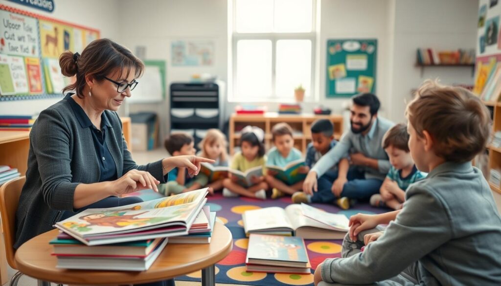 A cozy classroom setting where a teacher and a parent are collaborating to inspire independent reading in children. In the foreground, the teacher, a middle-aged woman wearing smart casual clothing, is sitting at a small table with a stack of colorful children's books. The parent, a young man in professional attire, is engaged in discussion, pointing to one of the books. In the middle, a diverse group of children, seated on a colorful rug, are deeply absorbed in their reading, surrounded by piles of books. The background features a bright classroom decorated with educational posters and a window letting in warm, natural light. The mood is warm and encouraging, emphasizing the nurturing atmosphere of cooperative learning. The angle captures the dynamic interaction between the adults while highlighting the children's engagement.