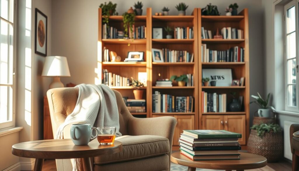 A cozy reading nook in a well-lit living room, featuring a large, inviting armchair with a soft throw blanket draped over it. In the foreground, a small wooden side table holds a steaming mug of herbal tea and a stack of colorful books. The middle ground showcases a wooden bookshelf filled with an array of books, plants, and framed pictures, creating a warm and welcoming atmosphere. The background features sunlight streaming through a window, illuminating the space with a golden hue and casting gentle shadows. The mood is serene and encouraging, evoking a sense of comfort and a passion for independent reading, perfect for fostering a love for books at home. The scene should be captured from a slightly elevated angle, hinting at a personal space where one becomes engrossed in reading.