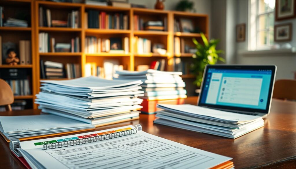 A cozy study room designed for homeschool recordkeeping, featuring a wooden desk piled with neatly organized work samples, logs, and transcripts. In the foreground, focus on a two-pronged binder with colorful tabs labeled 'Math', 'Science', 'Literature', and 'Art'. In the middle, a stack of neatly arranged notebooks and a laptop open to a digital tracking tool. The background showcases a warm, inviting bookshelf filled with educational resources and family photos. Soft, natural light filters in through a window, casting gentle shadows across the scene. The atmosphere is calm and organized, reflecting a nurturing educational environment. The composition is a close-up angle to capture the details of the records while providing a sense of the overall room.