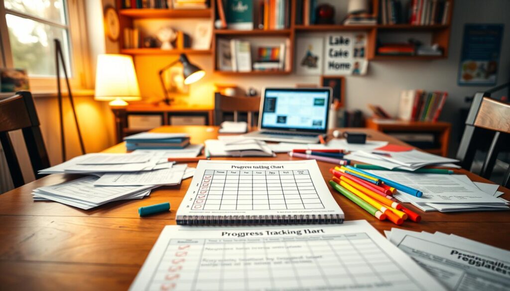 A cozy, well-organized homeschooling environment, featuring a wooden table scattered with colorful, neatly arranged educational materials, such as graded papers, narration notes, and work samples. In the foreground, a close-up view of a progress tracking chart with checkboxes and colorful markers. In the middle, a laptop displaying digital templates for homeschooling, surrounded by well-lit study lamps that cast a warm glow. The background showcases a wall adorned with shelves filled with books and educational posters. The atmosphere is inviting and productive, promoting a sense of focus and creativity. Shot with a shallow depth of field to highlight the materials on the table, illuminated by soft, natural light streaming in from a nearby window.