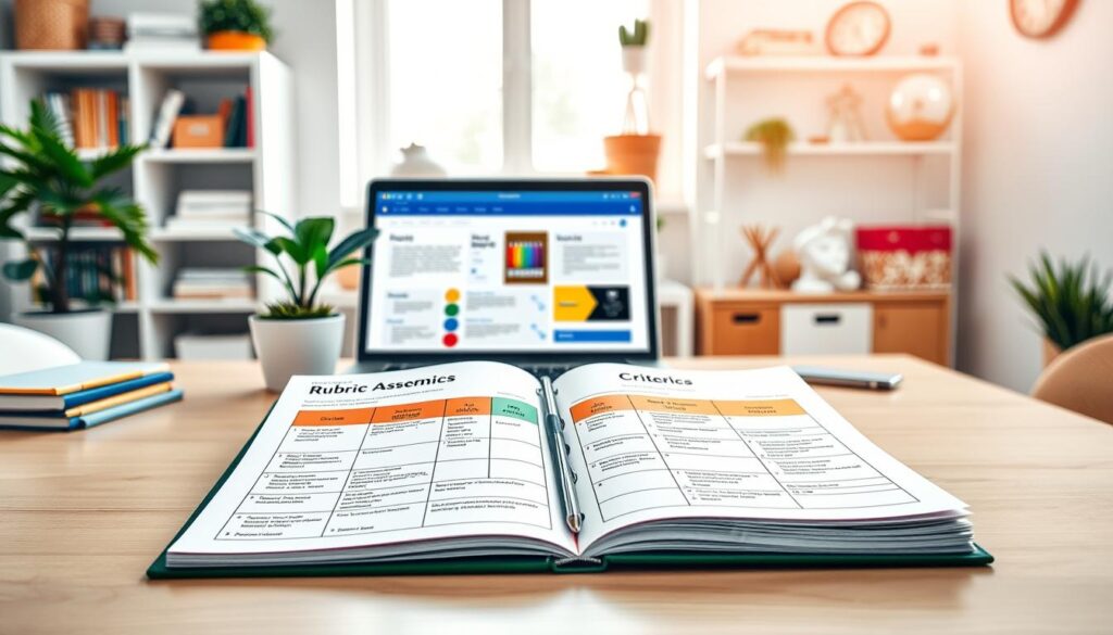 A detailed and professional rubric example for authentic assessment, set in a bright, inviting home office environment. In the foreground, showcase a neatly organized desk with an open notebook displaying a colorful rubric chart filled with criteria, grades, and feedback sections. In the middle, a laptop is visible with educational resources open on the screen, while a potted plant adds a touch of life. The background features shelves filled with books and art supplies, emphasizing a learning space. Soft, natural light filters through a window, creating a warm and focused atmosphere. The scene should evoke a sense of productivity and creativity, appropriate for parents and students engaging in project-based learning.