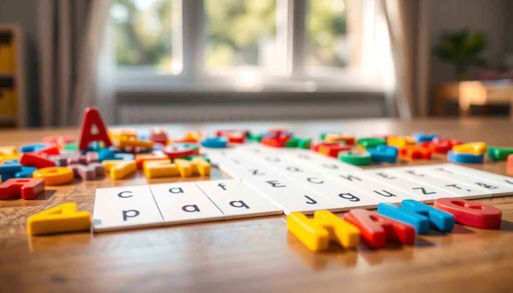 A vibrant collection of colorful magnetic letters scattered across a wooden tabletop, with some letters standing upright and others lying flat. In the foreground, a few letters are in sharp focus, showcasing their glossy finish and playful colors like red, blue, yellow, and green. The middle ground features a slightly blurred arrangement of sentence strips, white with subtle lines, creating a contrast with the letters. In the background, soft natural light filters through a nearby window, casting gentle shadows and creating a warm, inviting atmosphere. The overall mood is cheerful and educational, perfect for a learning environment. The image should be captured with a shallow depth of field to emphasize the letters and strips, with a soft focus on the background. A vibrant collection of colorful magnetic letters scattered across a wooden tabletop, with some letters standing upright and others lying flat. In the foreground, a few letters are in sharp focus, showcasing their glossy finish and playful colors like red, blue, yellow, and green. The middle ground features a slightly blurred arrangement of sentence strips, white with subtle lines, creating a contrast with the letters. In the background, soft natural light filters through a nearby window, casting gentle shadows and creating a warm, inviting atmosphere. The overall mood is cheerful and educational, perfect for a learning environment. The image should be captured with a shallow depth of field to emphasize the letters and strips, with a soft focus on the background.