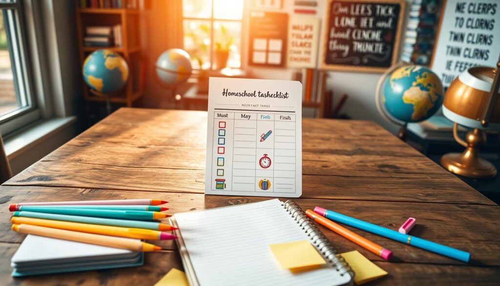 A visually appealing homeschool task card checklist laid out on a rustic wooden table. The checklist is organized into sections labeled "Must", "May", and "Finish," with colorful task card illustrations featuring engaging icons such as books, pencils, and clocks. In the foreground, a neatly arranged stack of bright colored pens and a planner notebook with scattered sticky notes complement the scene. In the middle, the task card checklist stands prominently, illuminated by warm, natural sunlight streaming through a nearby window, creating soft shadows. In the background, there are subtle hints of educational materials like globes and a bulletin board displaying motivational quotes. The atmosphere is inviting and encouraging, perfect for a homeschooling environment, evoking a sense of structure and creativity.