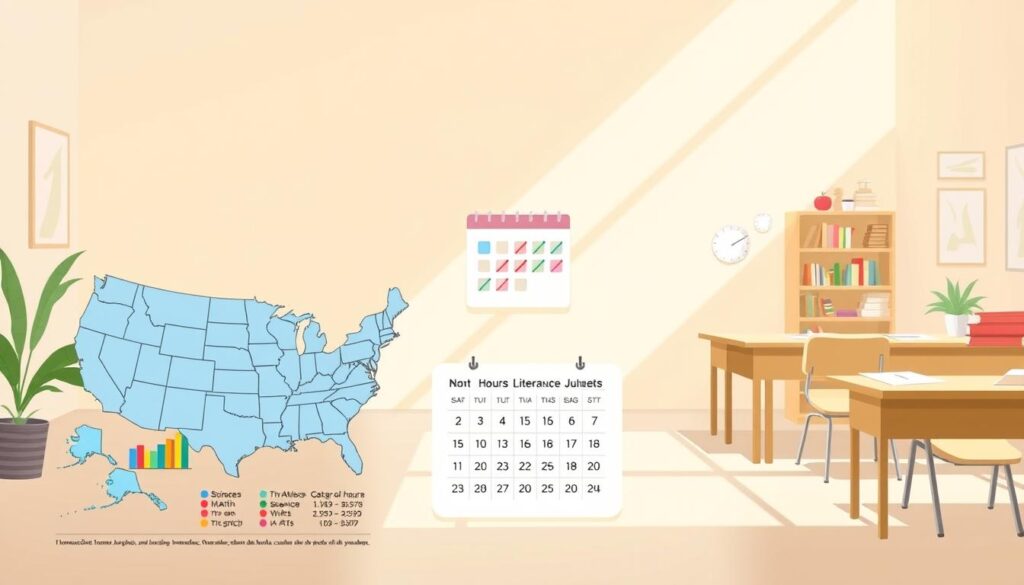 A visually engaging illustration depicting the concept of "homeschool attendance and subject requirements by state." In the foreground, a detailed infographic layout with colorful charts and state outlines, highlighting varying attendance hours and subject requirements. In the middle ground, a mix of iconography representing different subjects such as math, science, literature, and arts, accompanied by a calendar marking school hours. The background features a soft gradient to suggest a serene learning environment, with subtle hints of classrooms or homes. Natural lighting casts gentle shadows, creating a warm, inviting atmosphere. The image should have a clear focus without any text, ensuring a polished, educational aesthetic suitable for an informative article.