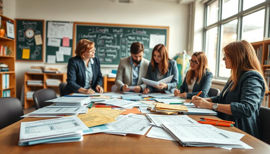 A visually engaging scene of a writing workshop in a well-lit classroom environment. In the foreground, a wooden table is cluttered with colorful assessment rubrics, teacher evaluation forms, and pens, showcasing vibrant designs and organized categories. In the middle ground, a diverse group of educators, dressed in professional business attire, are collaborating over the materials, deep in discussion about student assessments. The background features a chalkboard with educational diagrams, a bookshelf with literacy resources, and large windows allowing soft, natural light to fill the space, creating a warm and inviting atmosphere. The scene conveys a sense of purpose and teamwork, highlighting the importance of effective reading and writing assessments.