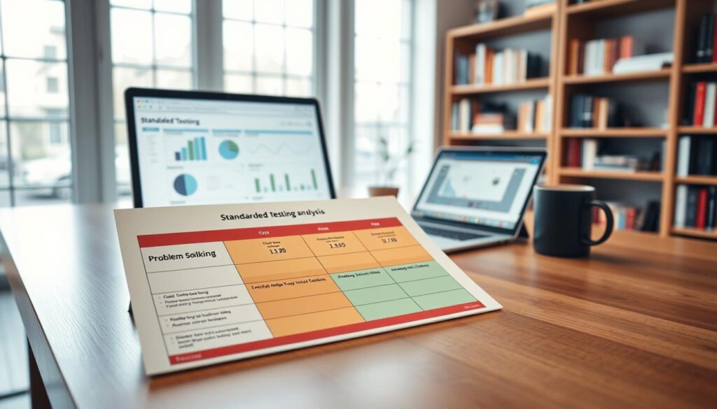 An educational scene depicting a standardized testing analysis rubric on a sleek, modern desk in a well-lit study. In the foreground, a polished wooden desk is adorned with a colorful rubric chart that includes criteria like "Critical Thinking," "Problem Solving," and "Analytical Skills," clearly illustrated with numerical scoring. The middle ground features a laptop displaying graphs and data points related to testing performance, with a stylish coffee mug next to it. The background shows a bookshelf filled with academic texts and a large window allowing natural light to flood the room, creating a warm, inviting atmosphere. The overall mood is focused and professional, emphasizing the importance of assessment in education. The image captures a sense of organized thought and engagement in the world of standardized testing.