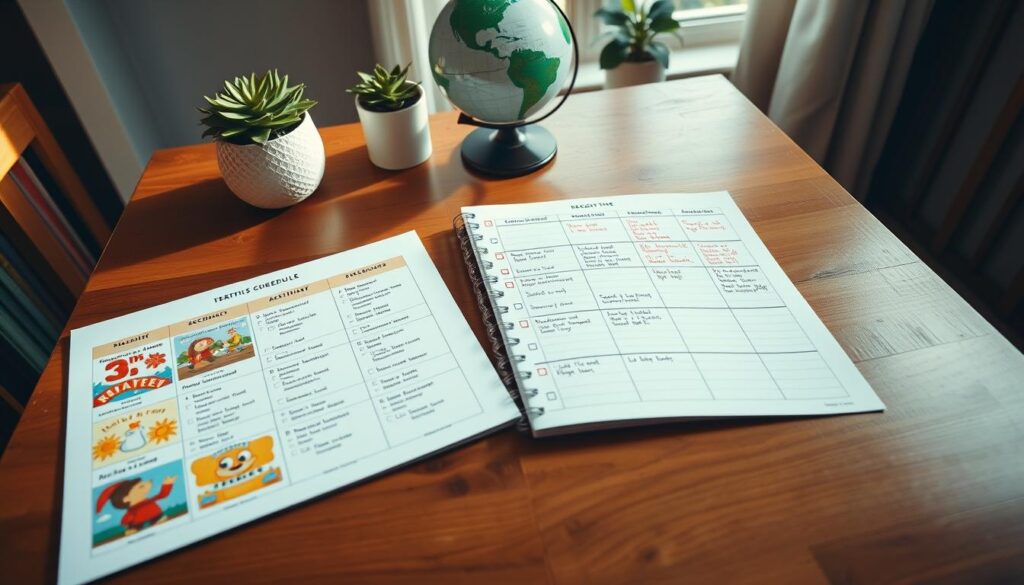 A beautifully arranged printable book list and schedule on a wooden table, evoking a cozy homeschooling atmosphere. In the foreground, a neatly spaced grid layout features colorful, illustrated book covers alongside corresponding titles and suggested reading times. In the middle, a well-organized planner with handwritten notes and checkboxes indicates a daily routine for educational activities. The background includes soft, natural lighting streaming in through a window, illuminating a few potted plants and a globe, contributing to an inviting learning environment. The angle is slightly above eye level, creating an overview that captures the essence of a structured yet nurturing space for homeschooling. The mood is warm, focused, and inspirational, inviting parents to engage in thoughtful scheduling for their children's literacy development.
