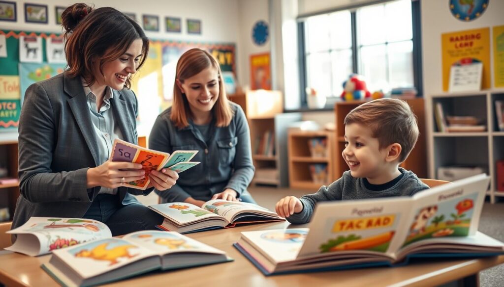 A cozy classroom setting where a teacher and a parent are engaged in a supportive reading session with a child. In the foreground, the teacher, dressed in smart casual attire, demonstrates phonetic reading techniques using colorful flashcards, while the parent, in comfortable clothing, watches attentively. The middle ground features a small child sitting at a desk surrounded by open books filled with vibrant illustrations, actively participating and smiling. The background reveals a warm, inviting classroom with educational posters on the walls and a sunny window casting soft natural light, creating a cheerful atmosphere. The composition should evoke a sense of collaboration and encouragement, highlighting practical tips for enhancing reading fluency.