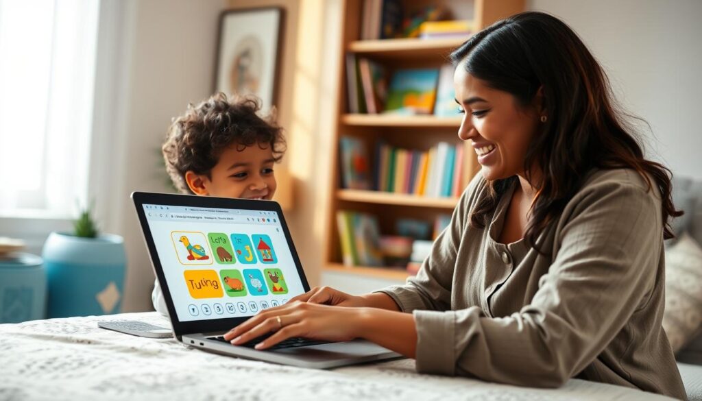 A cozy, well-lit home environment where a mother and her child are joyfully engaged in using a digital literacy tool on a laptop. In the foreground, the mother appears in modest casual clothing, smiling warmly as she assists her child, who is focused and enthusiastic. In the middle, the laptop screen displays colorful educational graphics related to reading and writing, symbolizing effective learning. In the background, a bookshelf filled with various children’s books and educational materials suggests a dedicated learning space. Soft natural light filters through a nearby window, creating an inviting atmosphere. The overall mood is positive and inspiring, showcasing the success of online literacy tools in a homeschooling setting.