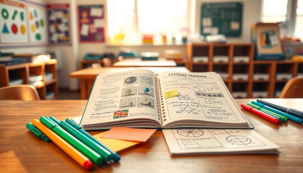 A cross-curricular literacy tracking science notebook lies open on a wooden desk, filled with colorful diagrams, annotations, and charts illustrating the integration of reading within STEM topics. In the foreground, a neatly organized array of colorful stationery, including highlighters, sticky notes, and pens, adds a vibrant touch. The middle ground features the notebook, showcasing various pages with neatly handwritten entries alongside images of plants and diagrams related to physics and mathematics. The background is softly blurred, revealing a bright classroom setting with educational posters on the walls and sunlight streaming through a window, creating a warm and inviting atmosphere. This composition conveys a sense of focused learning and creativity, perfect for tracking educational growth in an engaging way.