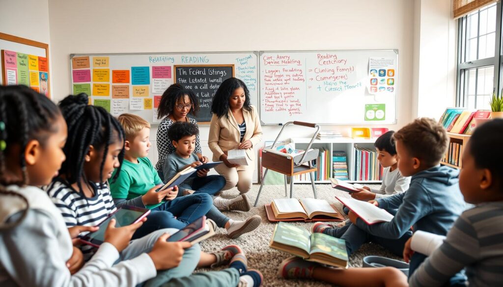 A modern classroom setting focused on differentiated reading instruction. In the foreground, diverse students engaged in small group discussions, some using tablets and others reading physical books, showcasing various reading levels and learning styles. In the middle, a teacher, dressed in professional attire, guides a group of students, actively involving them in a lesson tailored to their individual needs. The background features colorful educational posters on reading strategies, a whiteboard filled with notes on reading techniques, and a cozy reading corner with a variety of books. Soft, natural light filters through large windows, creating a warm and inviting atmosphere. The overall mood is dynamic and collaborative, emphasizing inclusivity and diversity in learning. A modern classroom setting focused on differentiated reading instruction. In the foreground, diverse students engaged in small group discussions, some using tablets and others reading physical books, showcasing various reading levels and learning styles. In the middle, a teacher, dressed in professional attire, guides a group of students, actively involving them in a lesson tailored to their individual needs. The background features colorful educational posters on reading strategies, a whiteboard filled with notes on reading techniques, and a cozy reading corner with a variety of books. Soft, natural light filters through large windows, creating a warm and inviting atmosphere. The overall mood is dynamic and collaborative, emphasizing inclusivity and diversity in learning.