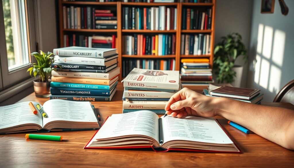 A serene study scene depicting a well-organized desk with open books, colorful word lists, and highlighters scattered around. In the foreground, a pair of hands are actively pointing to a word list in a visibly engaging manner. The middle ground features a stack of diverse books on vocabulary and language, some with bookmarks peeking out, indicating thorough exploration. In the background, a cozy bookshelf filled with neatly arranged literature creates a warm, inviting atmosphere. Soft, natural light filters through a nearby window, casting gentle shadows and highlighting the texture of the wooden desk. The overall mood is studious and motivational, capturing the essence of focused vocabulary building.