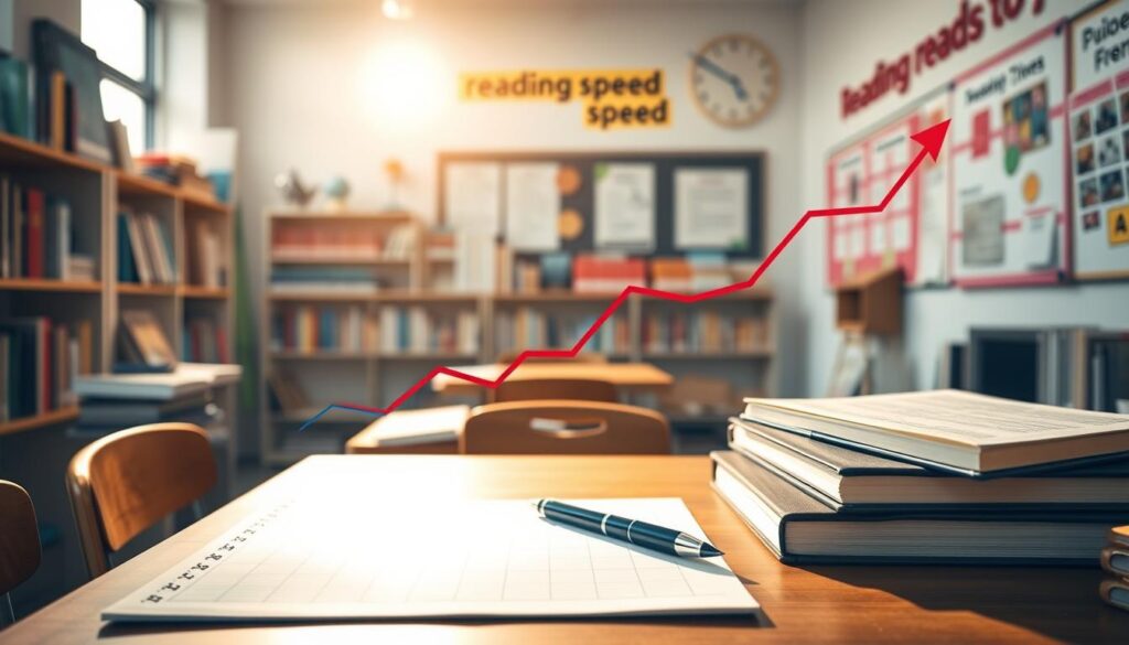 A teaching reading speed progress chart prominently displayed in the foreground, showcasing a colorful line graph with upward trends and distinct progress markers. The middle ground features a desk with neatly organized teaching materials—books, a notepad, and a pen, suggesting an educational environment. In the background, a classroom setting is visible, with shelves filled with books and wall charts promoting literacy, illuminated by warm, natural lighting streaming through a large window. The atmosphere exudes positivity and motivation, emphasizing growth and improvement in reading fluency. The entire scene is captured with a slightly angled perspective to create depth, focusing on clarity and a professional tone, appropriate for an educational article.