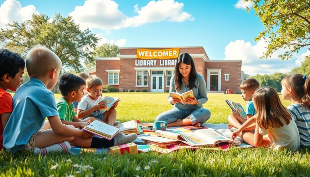 A vibrant and engaging summer reading program scene that showcases a variety of literacy boost activities for students. In the foreground, a diverse group of children ages 8-12 is gathered around a colorful picnic blanket laid out on a grassy lawn, eagerly diving into books and sharing stories. In the middle ground, a friendly mentor, dressed in casual attire, leads a fun reading game with props like story cards and prizes, encouraging interaction. The background features a bright blue sky with fluffy white clouds, trees gently swaying in the breeze, and a charming library building adorned with a welcoming banner. Soft, warm lighting bathes the scene, creating an inviting atmosphere filled with joy and enthusiasm for reading.