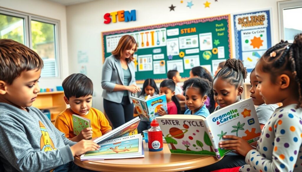 A vibrant classroom scene featuring children of diverse backgrounds engaged in STEM-themed reading activities. In the foreground, a pair of children, one boy and one girl, are seated at a small table, flipping through colorful, illustrated books about science and technology. One book showcases a rocket and planets, while the other features water cycles and plants. In the middle ground, a teacher, dressed in smart casual attire, is guiding a group of students gathered around a display of STEM-themed bookmarks and science project materials. The background shows a bulletin board filled with art related to STEM topics, and soft natural light enters the room through large windows, creating an inviting and engaging atmosphere. The overall mood is energetic and focused, illustrating a love for learning and exploration in STEM. A vibrant classroom scene featuring children of diverse backgrounds engaged in STEM-themed reading activities. In the foreground, a pair of children, one boy and one girl, are seated at a small table, flipping through colorful, illustrated books about science and technology. One book showcases a rocket and planets, while the other features water cycles and plants. In the middle ground, a teacher, dressed in smart casual attire, is guiding a group of students gathered around a display of STEM-themed bookmarks and science project materials. The background shows a bulletin board filled with art related to STEM topics, and soft natural light enters the room through large windows, creating an inviting and engaging atmosphere. The overall mood is energetic and focused, illustrating a love for learning and exploration in STEM.