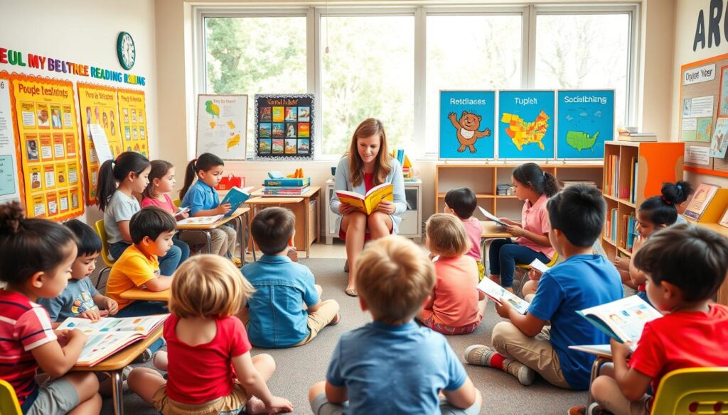 A vibrant classroom scene illustrating flexible grouping strategies in leveled reading. In the foreground, a diverse group of students is engaged in various reading activities, with a focus on cooperation and interaction. The middle ground features a teacher guiding a small reading group, utilizing colorful charts and leveled books. Students are seated in cozy reading nooks, surrounded by educational posters that highlight diverse genres and reading levels. In the background, large windows allow natural light to filter in, creating a warm and inviting atmosphere. The perspective is from a slightly elevated angle, emphasizing the active learning environment. The mood is energetic and inclusive, showcasing a supportive space that meets diverse learning needs. A vibrant classroom scene illustrating flexible grouping strategies in leveled reading. In the foreground, a diverse group of students is engaged in various reading activities, with a focus on cooperation and interaction. The middle ground features a teacher guiding a small reading group, utilizing colorful charts and leveled books. Students are seated in cozy reading nooks, surrounded by educational posters that highlight diverse genres and reading levels. In the background, large windows allow natural light to filter in, creating a warm and inviting atmosphere. The perspective is from a slightly elevated angle, emphasizing the active learning environment. The mood is energetic and inclusive, showcasing a supportive space that meets diverse learning needs.