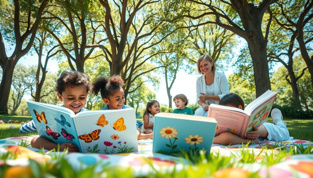 A vibrant summer scene depicting a diverse group of children engaged in reading activities at a park. In the foreground, two children of different ethnicities sit on a picnic blanket with open books, deeply absorbed in their stories, surrounded by colorful illustrations of butterflies and flowers. In the middle ground, a few children participate in a fun reading circle led by a smiling teacher in casual professional attire, pointing to a large storybook. In the background, tall trees provide dappled sunlight, creating a warm, inviting atmosphere, while a bright blue sky adds a sense of freedom and joy. The overall mood is cheerful and inspiring, capturing the essence of summer learning while preventing the summer slide. Use natural lighting to enhance the scene, with a focus on a wide-angle view.