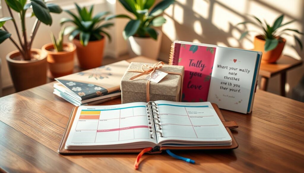 A beautifully arranged gift display featuring a variety of thoughtful planners on a polished wooden table. In the foreground, a sleek weekly planner with a leather cover, open to reveal colorful, organized pages and notes, sits beside a vibrant daily planner with inspiring quotes. In the middle, a wrapped gift box adorned with a ribbon and a small tag that says "For You" complements the planners. The background showcases a softly lit room with potted plants and a warm color palette, creating an inviting atmosphere. Soft natural light streams through a nearby window, casting gentle shadows. The mood is thoughtful and inspiring, perfect for those deciding on the best planner layout as a gift.