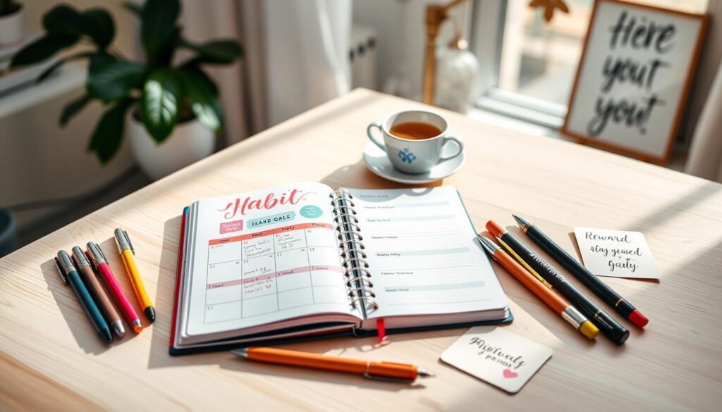A beautifully arranged habit tracker gift bundle on a clean, light wooden table. In the foreground, showcase an open habit planner adorned with colorful monthly goals and inspirational quotes. Surrounding it, elegant ink pens in vibrant colors are neatly placed, some with decorative caps. Beside the planner, a set of reward cards featuring motivational designs adds a playful touch. In the middle ground, soft, natural lighting from a window casts gentle shadows, enhancing the inviting atmosphere. In the background, a cozy home office setup is visible, featuring a plant, a steaming cup of tea, and a subtle glimpse of motivational artwork on the wall. The overall mood is productive and inspiring, perfect for goal setting and self-improvement. A beautifully arranged habit tracker gift bundle on a clean, light wooden table. In the foreground, showcase an open habit planner adorned with colorful monthly goals and inspirational quotes. Surrounding it, elegant ink pens in vibrant colors are neatly placed, some with decorative caps. Beside the planner, a set of reward cards featuring motivational designs adds a playful touch. In the middle ground, soft, natural lighting from a window casts gentle shadows, enhancing the inviting atmosphere. In the background, a cozy home office setup is visible, featuring a plant, a steaming cup of tea, and a subtle glimpse of motivational artwork on the wall. The overall mood is productive and inspiring, perfect for goal setting and self-improvement.