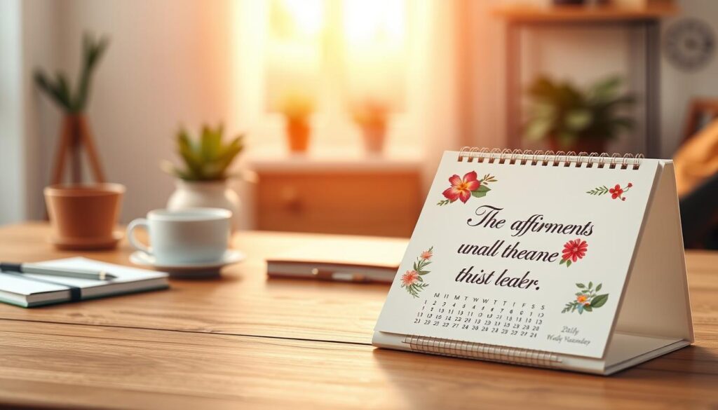 A beautifully designed affirmation calendar featuring a selection of daily positive quotes. In the foreground, focus on a flipped page of the calendar showcasing an uplifting quote in elegant typography. Include decorative elements such as vibrant floral illustrations or abstract shapes enhancing the overall aesthetic. In the middle ground, display the calendar resting on a wooden desk surrounded by calming items like a potted plant, a cup of tea, and a notebook. In the background, softly blurred, showcase an inviting and cozy workspace with warm lighting filtering through a window. The scene conveys a serene and motivational atmosphere, embodying inclusivity and positivity. Ensure everything is depicted in a professional, clean style without any text or markings. A beautifully designed affirmation calendar featuring a selection of daily positive quotes. In the foreground, focus on a flipped page of the calendar showcasing an uplifting quote in elegant typography. Include decorative elements such as vibrant floral illustrations or abstract shapes enhancing the overall aesthetic. In the middle ground, display the calendar resting on a wooden desk surrounded by calming items like a potted plant, a cup of tea, and a notebook. In the background, softly blurred, showcase an inviting and cozy workspace with warm lighting filtering through a window. The scene conveys a serene and motivational atmosphere, embodying inclusivity and positivity. Ensure everything is depicted in a professional, clean style without any text or markings.