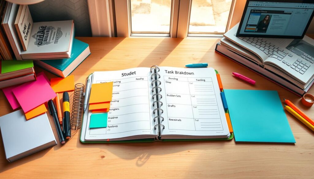 A detailed flat lay of a student planner opened to the "Task Breakdown" section, showcasing various categories: readings, problem sets, drafts, and rehearsals. The planner is surrounded by colorful sticky notes and highlighters in vibrant hues, with a soft pastel background that enhances the organizational theme. On one side, neatly arranged textbooks and a laptop display an online study tool. Warm, natural light streams in from a nearby window, creating a bright and inviting atmosphere. A cozy wooden desk serves as the base, with a subtle texture to suggest a studious environment. The overall mood conveys focus and productivity, highlighting effective study strategies in a visually appealing and orderly layout.