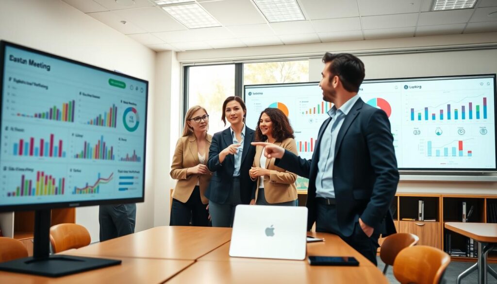 A modern data dashboard for teacher meetings, showcasing various metrics related to student performance, attendance, and lesson effectiveness. In the foreground, a large flat-screen monitor displays colorful graphs and charts with clear visual indicators such as bar charts, pie graphs, and trend lines. In the middle ground, a diverse group of teachers—two women and one man—dressed in professional business attire, are engaged in discussion while pointing at the dashboard. The background features a well-lit classroom setting with educational posters on the walls and a large window allowing natural light to stream in. The atmosphere is collaborative and focused, evoking a sense of professionalism and teamwork. The camera angle captures the dashboard prominently, with a slight depth of field to emphasize the teachers' interaction. A modern data dashboard for teacher meetings, showcasing various metrics related to student performance, attendance, and lesson effectiveness. In the foreground, a large flat-screen monitor displays colorful graphs and charts with clear visual indicators such as bar charts, pie graphs, and trend lines. In the middle ground, a diverse group of teachers—two women and one man—dressed in professional business attire, are engaged in discussion while pointing at the dashboard. The background features a well-lit classroom setting with educational posters on the walls and a large window allowing natural light to stream in. The atmosphere is collaborative and focused, evoking a sense of professionalism and teamwork. The camera angle captures the dashboard prominently, with a slight depth of field to emphasize the teachers' interaction.