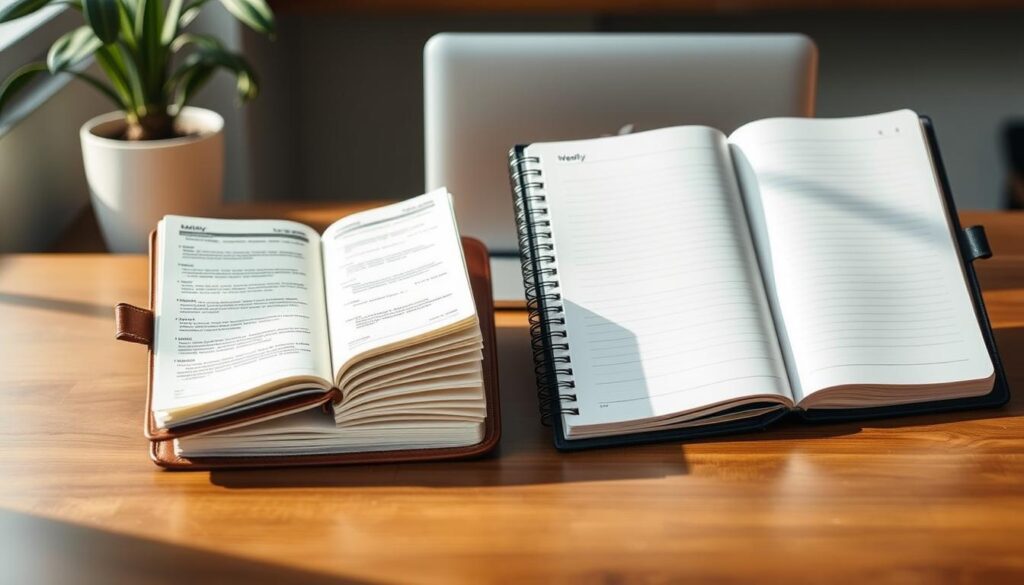A side-by-side comparison of two planners on a wooden desk, showcasing their binding and portability features. On the left, a compact, lightweight daily planner with a soft leather cover, opened to reveal its intricate page layout and refillable sections. On the right, a larger weekly planner with a rigid binding, displaying its sturdy spine and tangible page count. Soft, natural lighting illuminates the planners, casting gentle shadows that emphasize their textures. In the background, a blurred office setting with a potted plant and a laptop adds depth. The mood is organized and professional, highlighting the practicality and aesthetic appeal of each planner format for busy individuals.