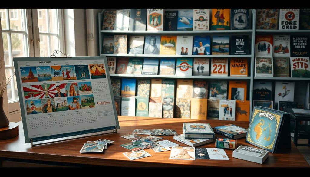 A striking image depicting a limited edition calendar release strategy. In the foreground, a beautifully designed wall calendar displayed elegantly on a wooden desk, showcasing vibrant, thematic illustrations for each month. The middle ground features scattered collector's items like exclusive stickers and limited edition packaging, hinting at the excitement of annual drops. In the background, a softly lit atmosphere with shelves lined with various themed calendars, creating a warm and inviting mood. Natural light streams through a window, casting gentle shadows to enhance the textures of the desk and calendars. The camera angle is slightly elevated, providing a glimpse into an organized collection, evoking a sense of anticipation and exclusivity surrounding the release cycles of these cherished items. A striking image depicting a limited edition calendar release strategy. In the foreground, a beautifully designed wall calendar displayed elegantly on a wooden desk, showcasing vibrant, thematic illustrations for each month. The middle ground features scattered collector's items like exclusive stickers and limited edition packaging, hinting at the excitement of annual drops. In the background, a softly lit atmosphere with shelves lined with various themed calendars, creating a warm and inviting mood. Natural light streams through a window, casting gentle shadows to enhance the textures of the desk and calendars. The camera angle is slightly elevated, providing a glimpse into an organized collection, evoking a sense of anticipation and exclusivity surrounding the release cycles of these cherished items.