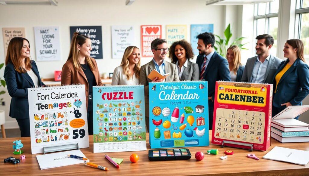 A vibrant, cheerful office setting featuring an assortment of novelty calendars suitable for various audiences: a humorous calendar with funny illustrations tailored for teenagers, a puzzle calendar ideal for curious minds, a nostalgic classic calendar appealing to grandparents, and an educational calendar designed for teachers. In the foreground, a sleek wooden desk is adorned with these calendars, surrounded by colorful desk toys and playful stationery. The middle ground captures a diverse group of professionals in business casual attire, smiling and discussing which calendar would best suit their gift recipients. The background includes a bright and airy office environment with motivational posters and greenery. Soft, natural lighting filters through large windows, creating an inviting atmosphere that emphasizes creativity and collaboration. The image exudes a sense of warmth and joy, perfect for highlighting the playful spirit of novelty calendars. A vibrant, cheerful office setting featuring an assortment of novelty calendars suitable for various audiences: a humorous calendar with funny illustrations tailored for teenagers, a puzzle calendar ideal for curious minds, a nostalgic classic calendar appealing to grandparents, and an educational calendar designed for teachers. In the foreground, a sleek wooden desk is adorned with these calendars, surrounded by colorful desk toys and playful stationery. The middle ground captures a diverse group of professionals in business casual attire, smiling and discussing which calendar would best suit their gift recipients. The background includes a bright and airy office environment with motivational posters and greenery. Soft, natural lighting filters through large windows, creating an inviting atmosphere that emphasizes creativity and collaboration. The image exudes a sense of warmth and joy, perfect for highlighting the playful spirit of novelty calendars.