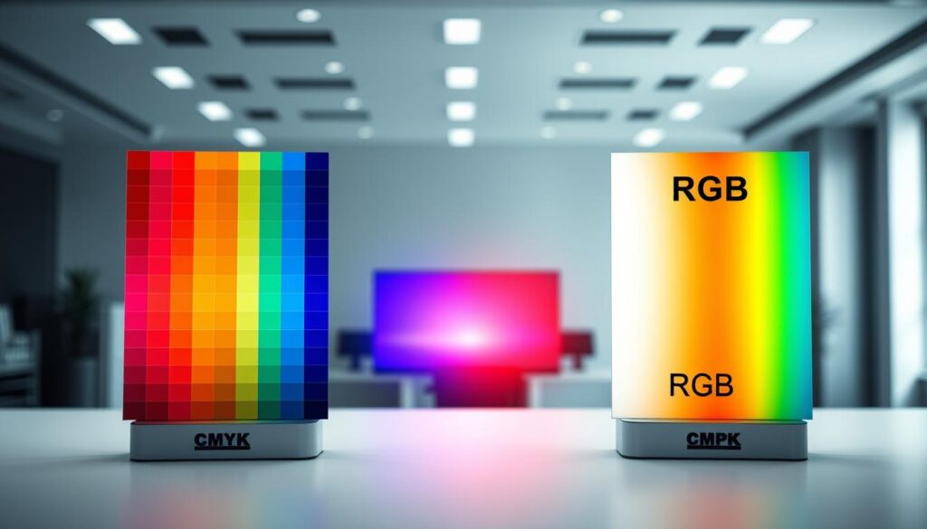 A visually engaging comparison of CMYK and RGB color profiles for printing, featuring two distinct panels side by side. In the foreground, vibrant swatches of CMYK colors (cyan, magenta, yellow, key/black) contrasted with glowing RGB colors (red, green, blue). Each panel should have labels indicating the color profiles, artistically represented without text. In the middle ground, a smooth gradient blending from CMYK to RGB, showcasing the transition between color profiles, with subtle overlapping to emphasize interaction. The background should be a sleek, modern workspace with soft diffused lighting, creating a professional, serene atmosphere. Use a shallow depth of field to focus on the color panels, with a neutral color palette for the workspace to enhance vibrancy. A visually engaging comparison of CMYK and RGB color profiles for printing, featuring two distinct panels side by side. In the foreground, vibrant swatches of CMYK colors (cyan, magenta, yellow, key/black) contrasted with glowing RGB colors (red, green, blue). Each panel should have labels indicating the color profiles, artistically represented without text. In the middle ground, a smooth gradient blending from CMYK to RGB, showcasing the transition between color profiles, with subtle overlapping to emphasize interaction. The background should be a sleek, modern workspace with soft diffused lighting, creating a professional, serene atmosphere. Use a shallow depth of field to focus on the color panels, with a neutral color palette for the workspace to enhance vibrancy.
