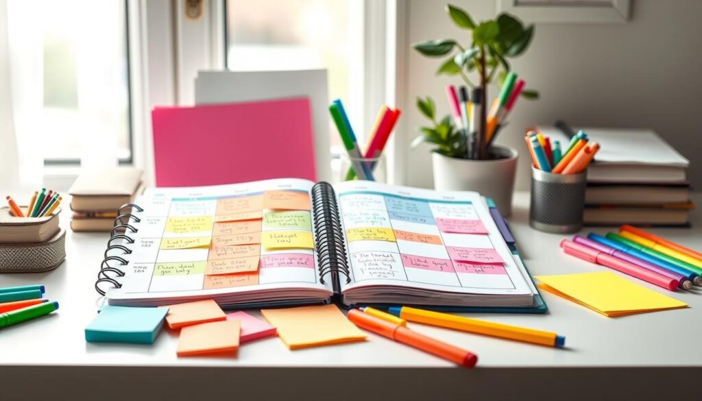 An organized, vibrant ADHD planning color-coded weekly schedule displayed on a clean, modern desk. In the foreground, a colorful planner open to a weekly view, with neatly written tasks in various bold colors representing different subjects like classes, labs, and clubs. Sticky notes in pastel shades are scattered nearby, indicating priorities. The middle ground features an assortment of highlighters and pens, showcasing a variety of colors that suggest creativity and organization. In the background, soft natural light filters through a window, enhancing the cozy, focused atmosphere of a productive study environment. A hint of greenery from a small potted plant adds a touch of freshness to the scene. The overall mood is encouraging and inspiring, perfect for students seeking effective planning strategies.