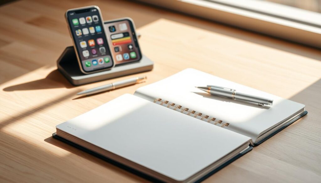 A beautifully arranged hybrid planning starter kit set against a soft, light-colored wooden table. In the foreground, a stylish paper planner with an elegant cover design lies open, revealing clean, organized pages. Beside it, a sleek, high-quality pen set with metallic accents glistens under natural daylight. In the background, a modern app stack displayed on a smartphone screen shows colorful icons related to scheduling and productivity. A minimalist dock or stand for the phone is included, creating a cohesive look. The warm lighting casts gentle shadows, enhancing the cozy, productive atmosphere. The scene conveys a sense of calm focus and efficiency, ideal for a workspace. Everything is neatly arranged with a slight angle for depth, inviting the viewer to explore this harmonious blend of traditional and digital planning tools.