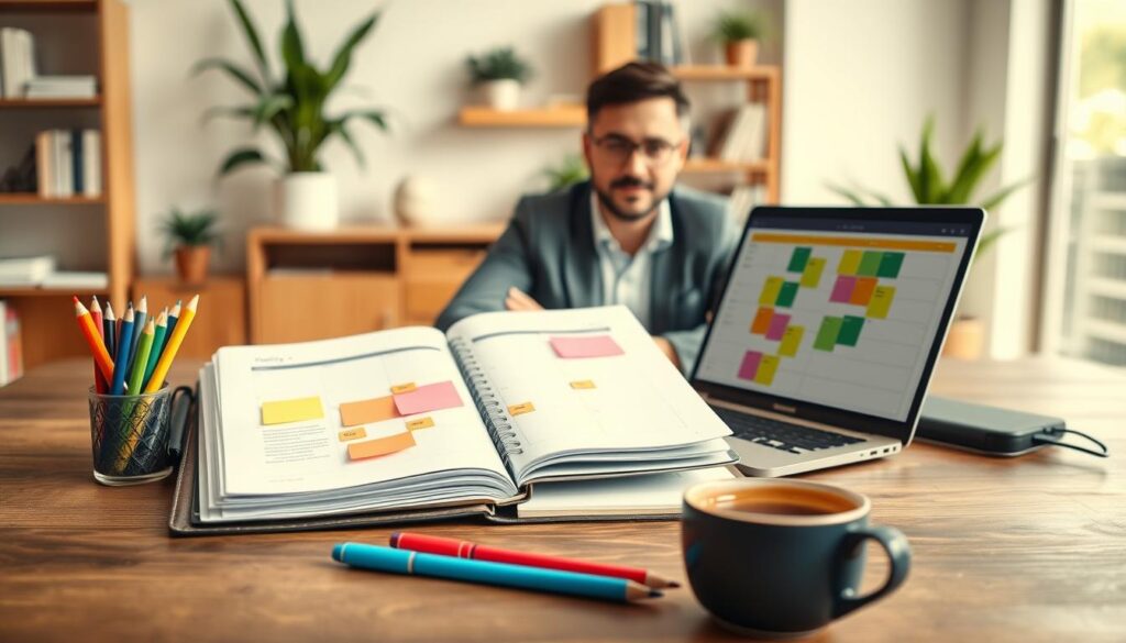A modern workspace featuring a stylish wooden desk with an open paper planner and a laptop displaying a digital calendar. On the desk, there are vibrant colorful pens and sticky notes highlighting key tasks. The foreground includes a cup of coffee to add warmth. In the middle, a professional individual in smart casual attire is seen engaged in a comforting weekly review session, with a focused expression. The background shows a light-filled room with shelves of books and plants, creating an inviting atmosphere. Soft, natural lighting illuminates the scene, highlighting the harmonious blend of analog and digital planning tools. An organized, serene mood emphasizes productivity and efficiency in a hybrid planning system.