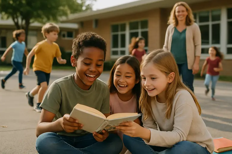 Caregiver reading with a child at home beside a small stack of books