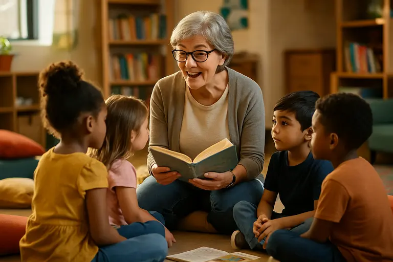 Family and child reading together in a public library seating area