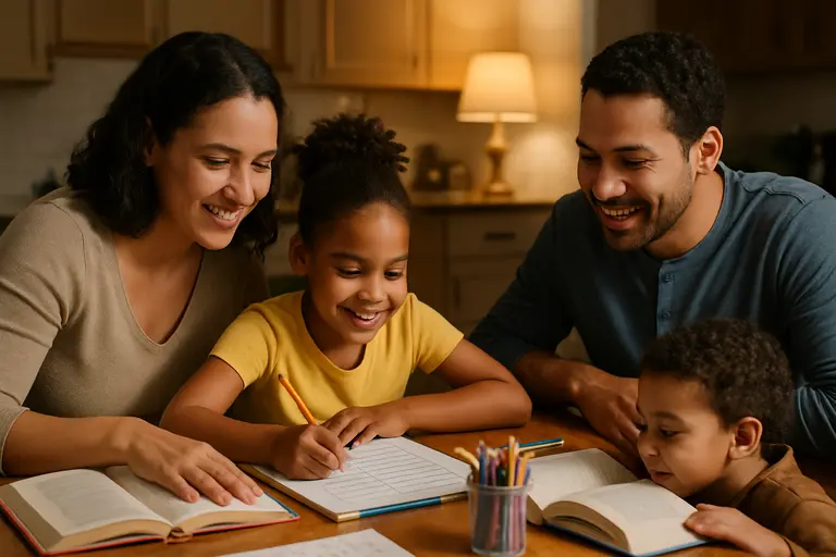 Parents, educators, and a librarian talk around a table with books
