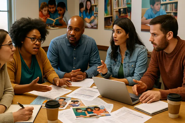 School staff reviewing reading notes and student progress records at a table