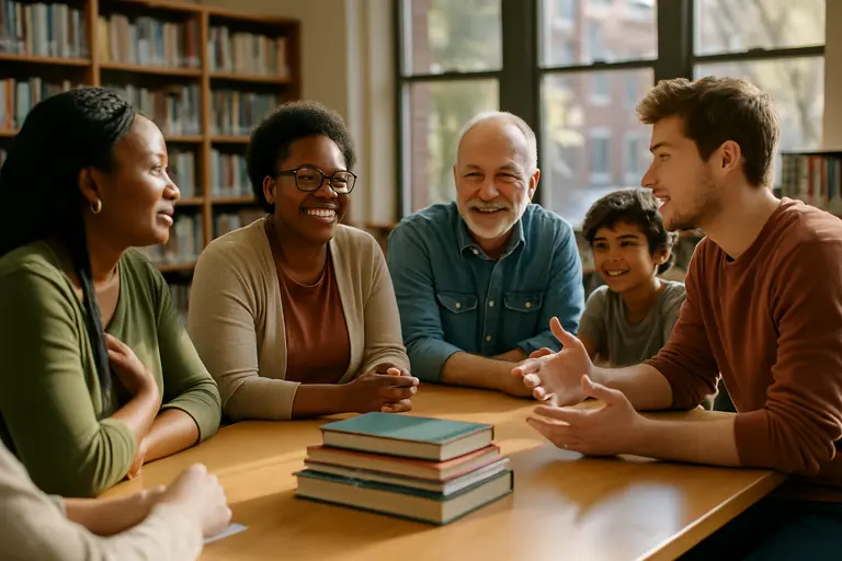Small group of adults and students discussing books around a table